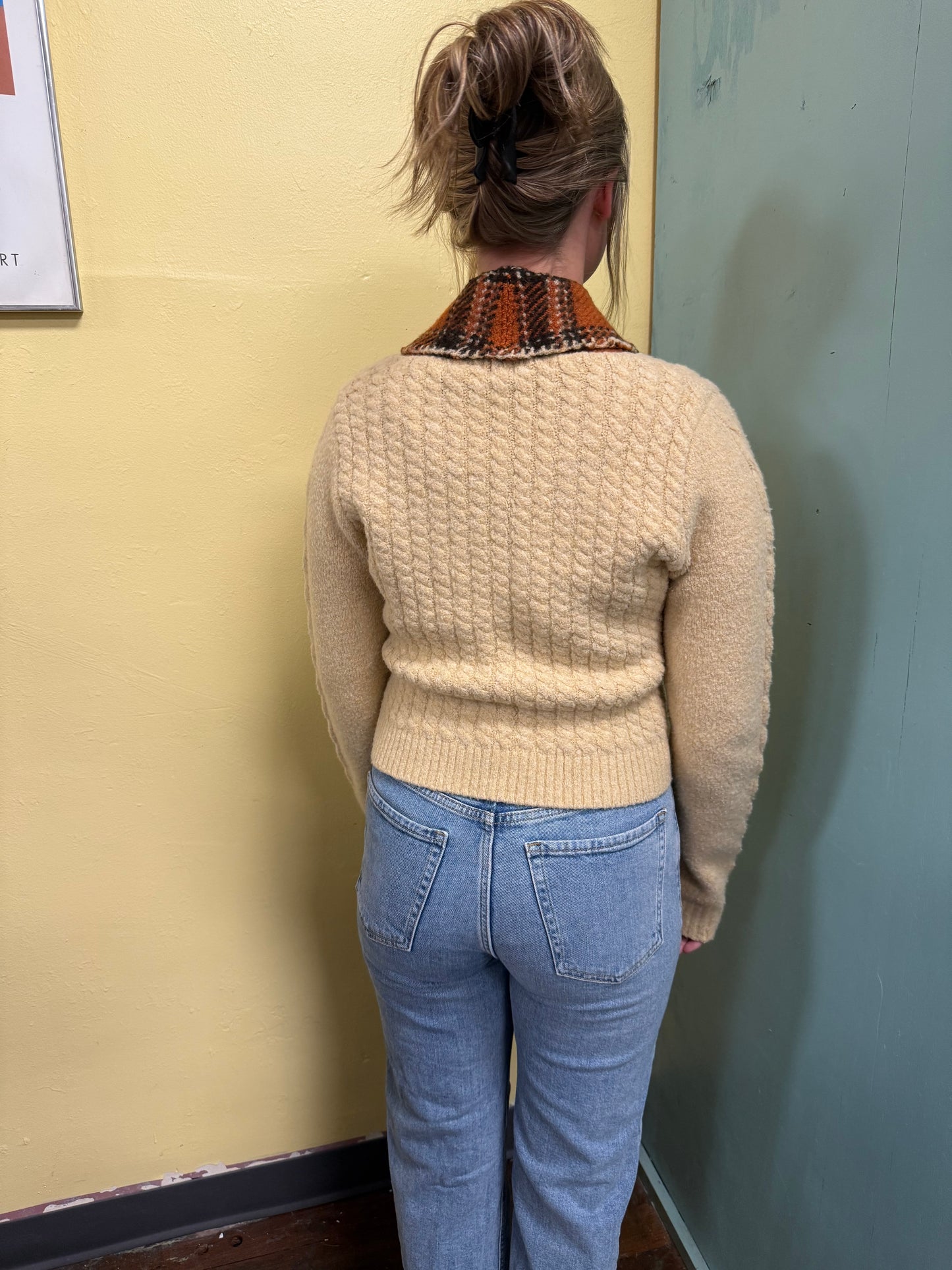 Knit Tan / Orange Plaid Vintage Sweaters, medium