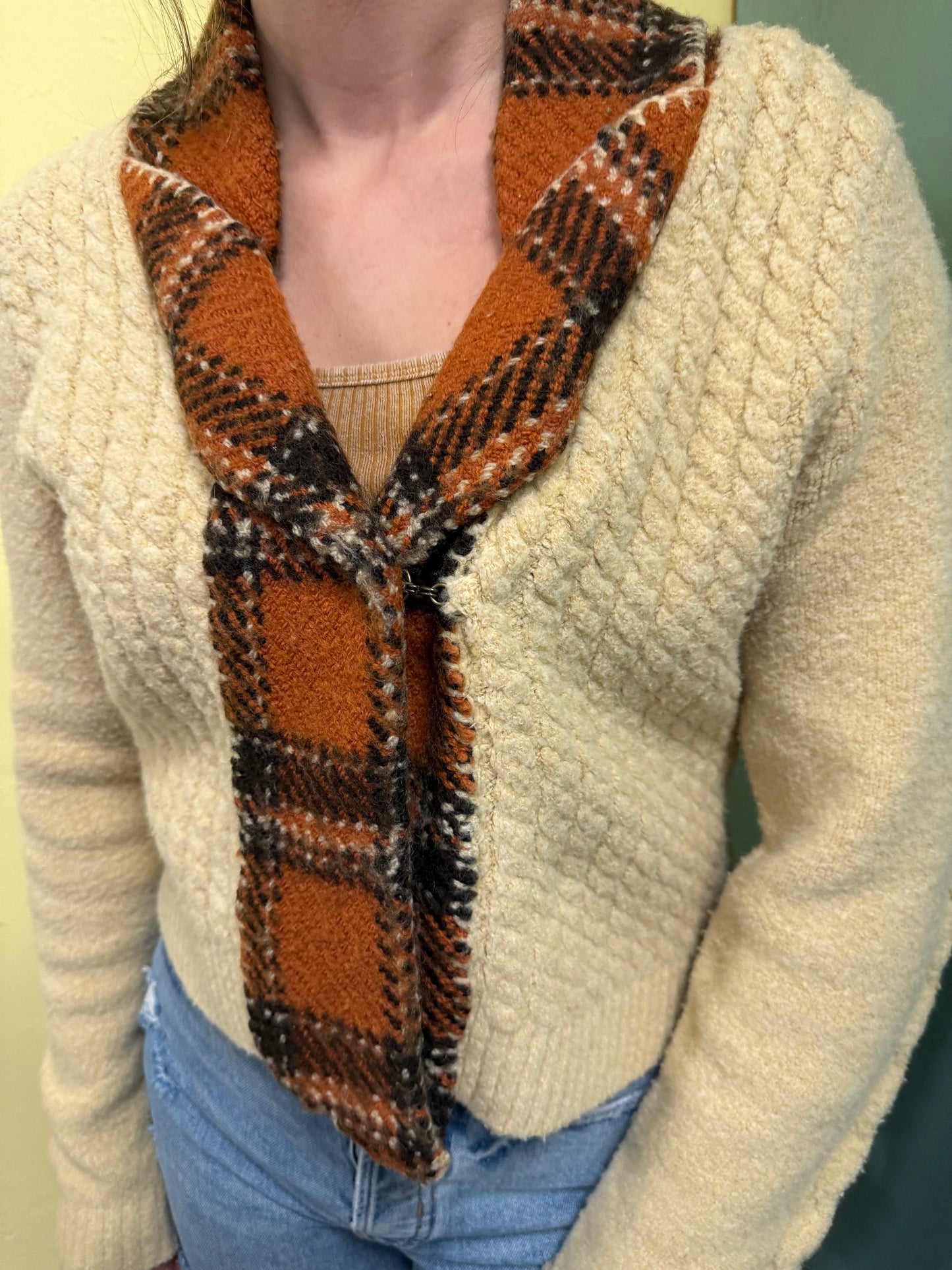 Knit Tan / Orange Plaid Vintage Sweaters, medium