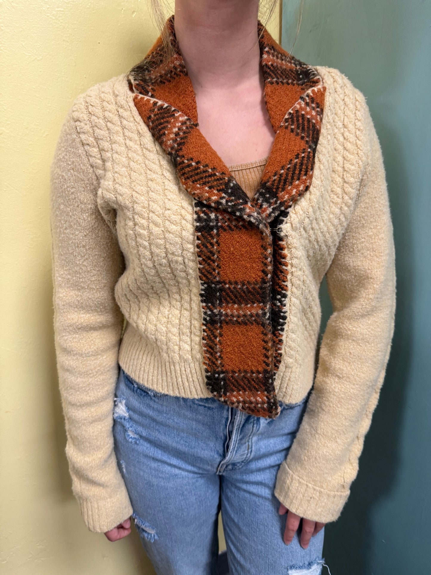 Knit Tan / Orange Plaid Vintage Sweaters, medium