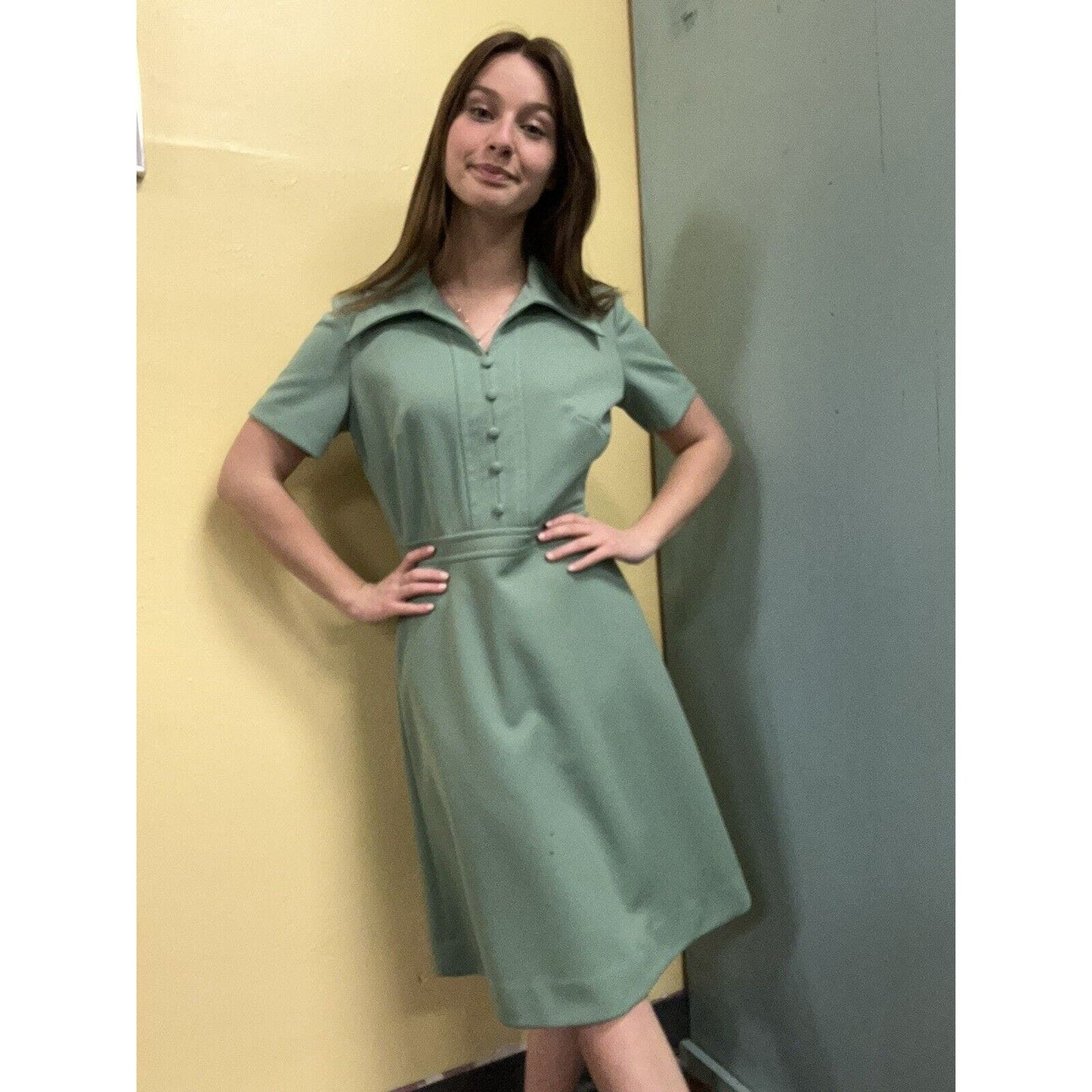 Vintage 70s Jerrie Lurrie Green Polyester Dress S