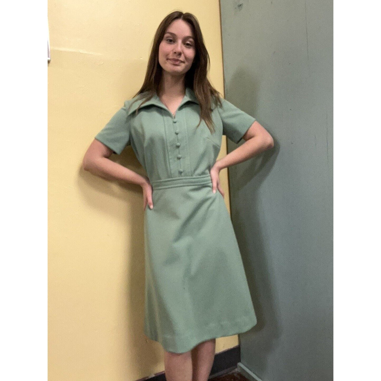 Vintage 70s Jerrie Lurrie Green Polyester Dress S