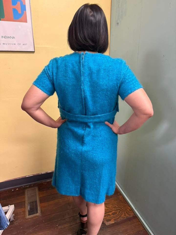 60s Turquoise Boucle’ Dress, size medium
