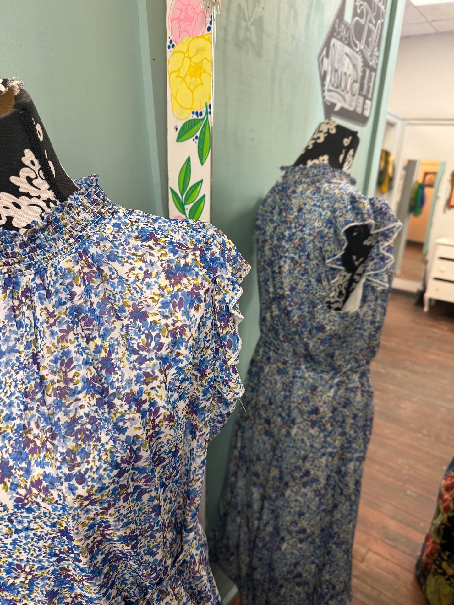 Nina Leonard Blue Floral Dresses, XL
