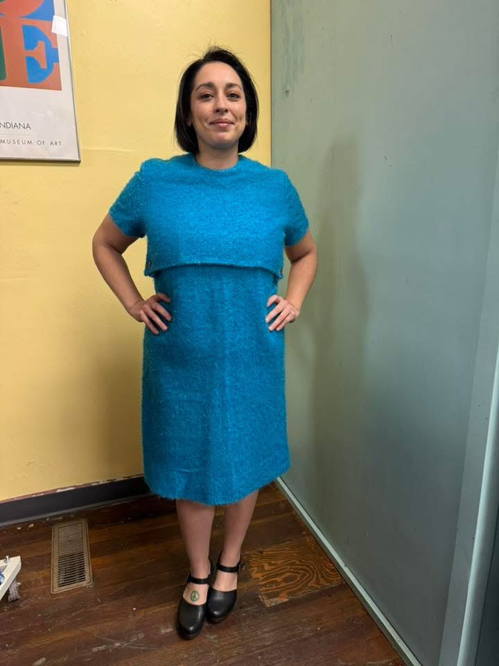 60s Turquoise Boucle’ Dress, size medium