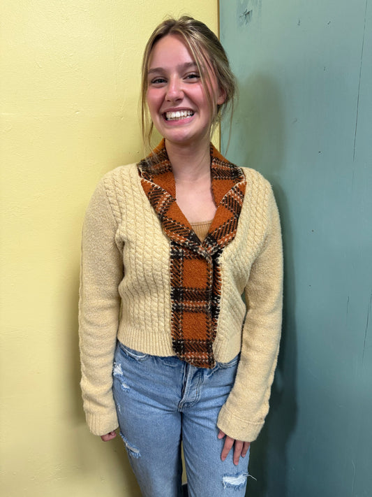 Knit Tan / Orange Plaid Vintage Sweaters, medium