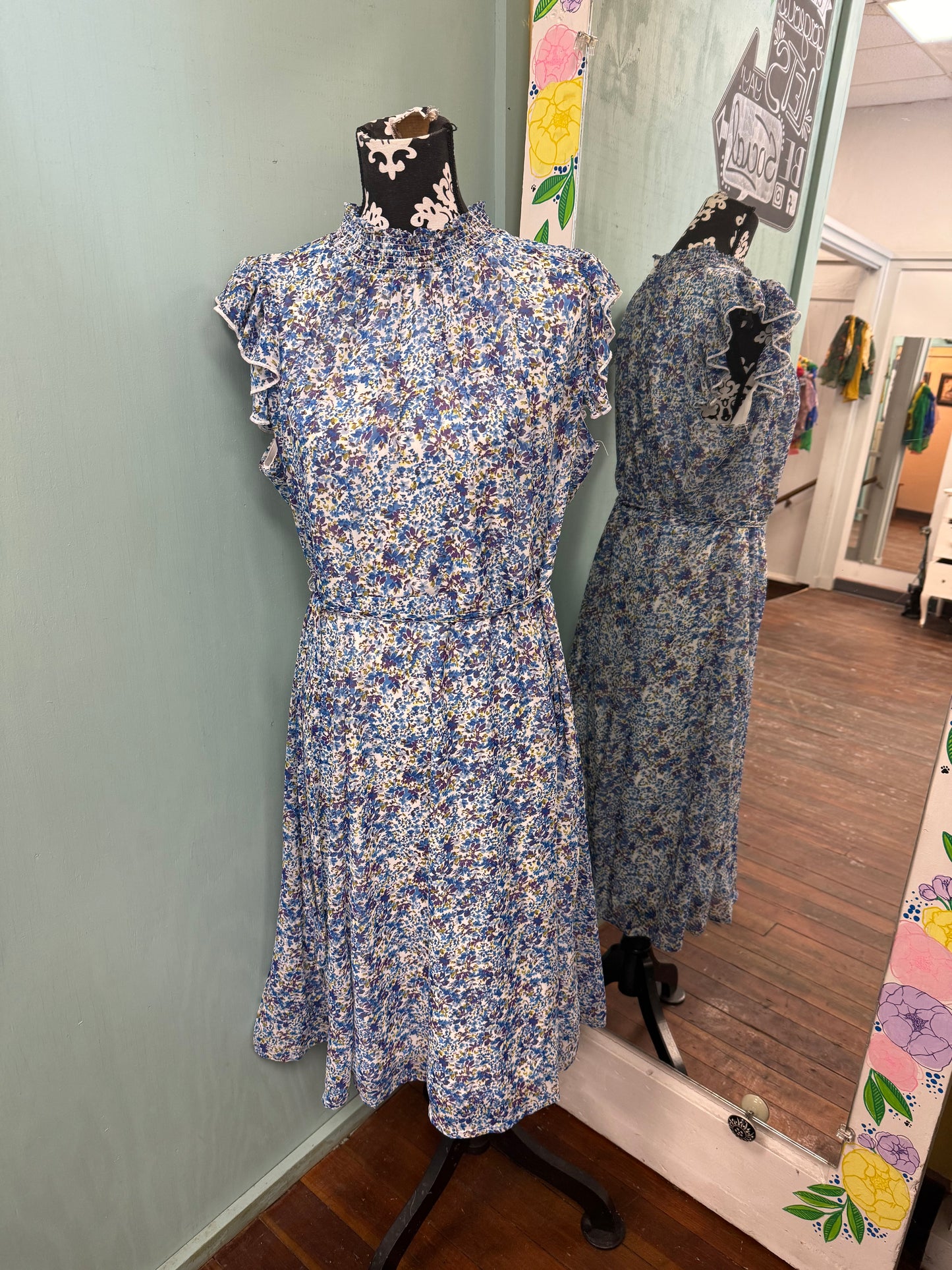 Nina Leonard Blue Floral Dresses, XL