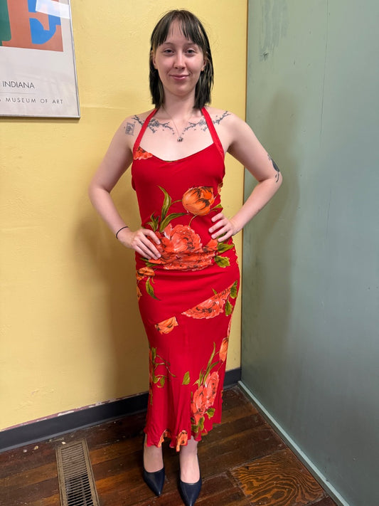 Poise Red Floral Vintage Dresses, M