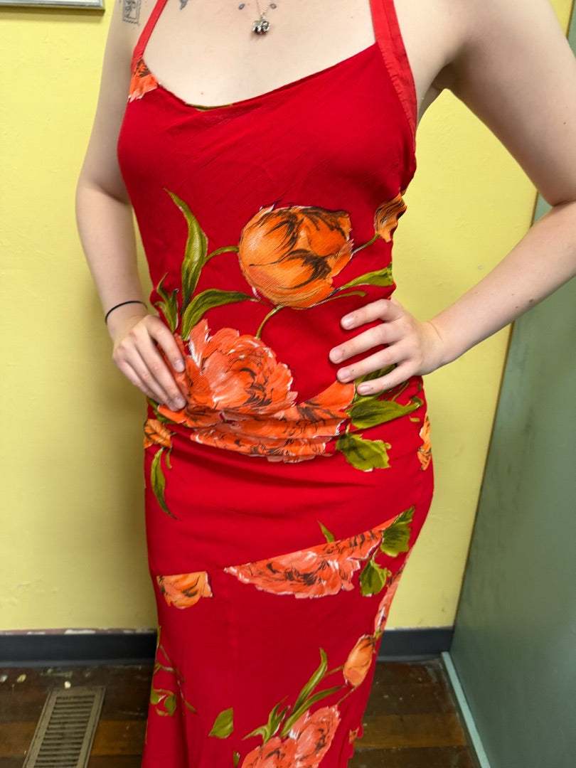 Poise Red Floral Vintage Dresses, M