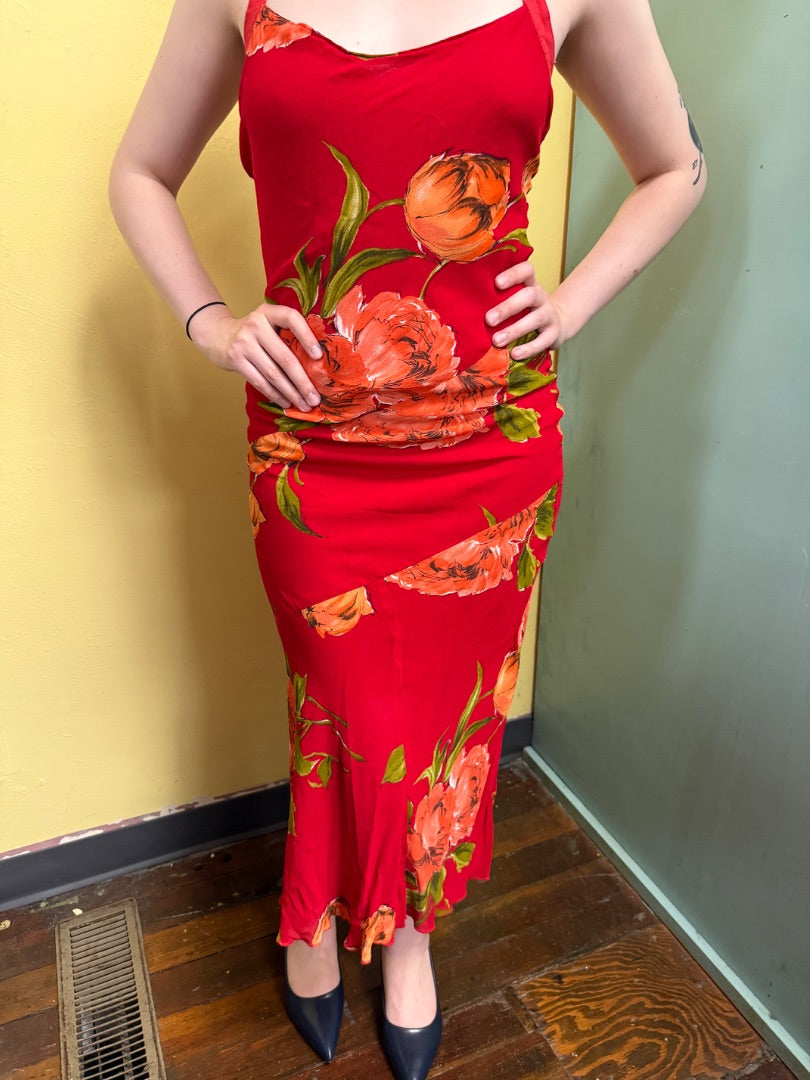 Poise Red Floral Vintage Dresses, M