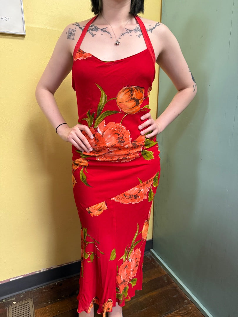 Poise Red Floral Vintage Dresses, M